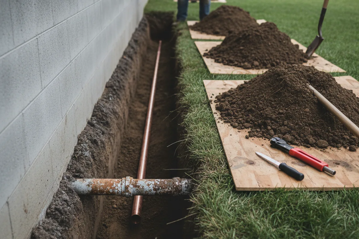 Excavated water line trench during Water Softener Installation in Alfred
